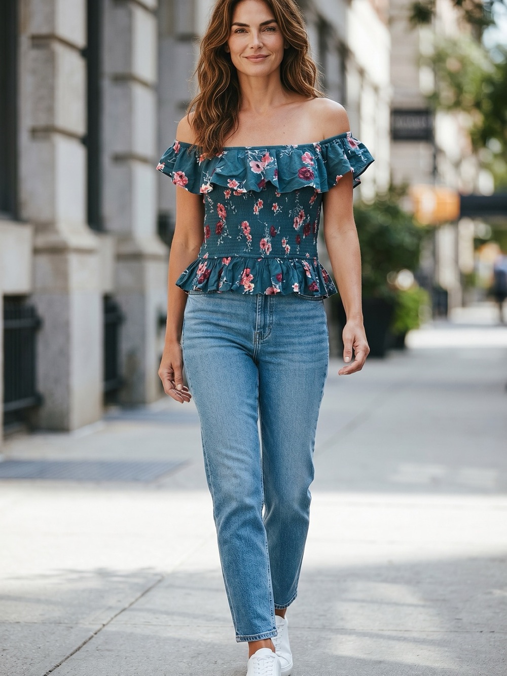 Off-Shoulder Smocked Floral Crop Top - Green